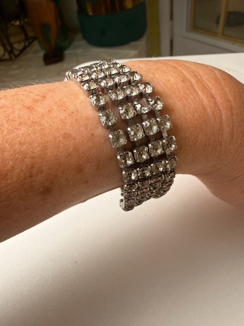 Vintage Clear Rhinestone Bracelet 4 Row Silver Tone 6.5” Prong Set Glam